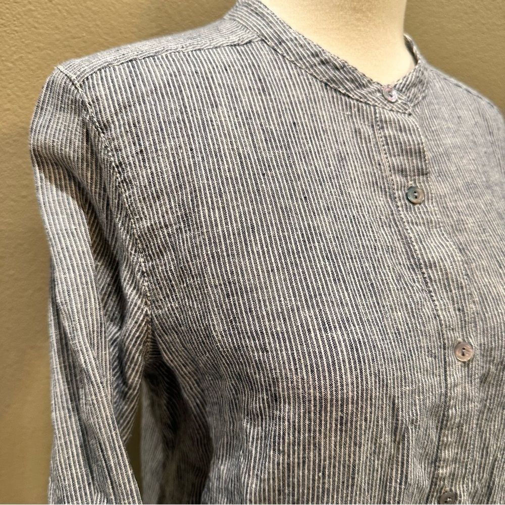Button-Up Shirt Eileen Fisher Navy Striped Organic Cotton Hemp Mandarin Collar - Picture 10 of 15